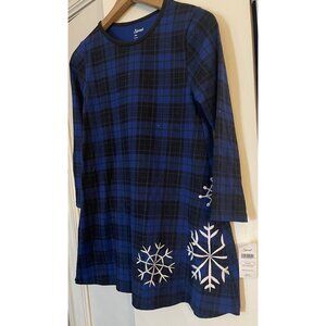 Leveret Plaid Night Dress Flannel Blue Black Girls 10 Snowflake Embroidery